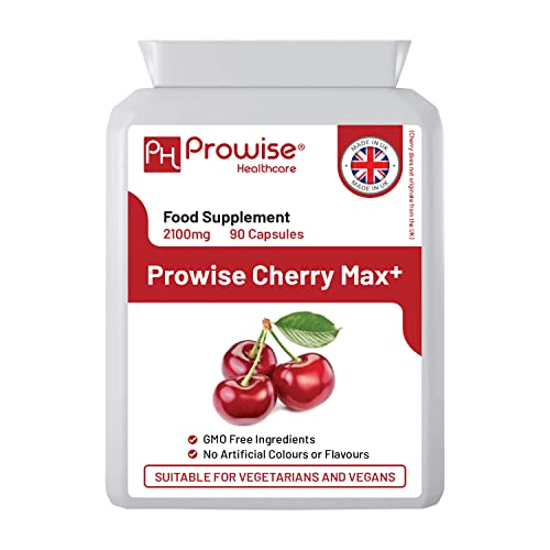 Cherry Max + 2100 mg de cereza Montmorency agregada con cereza negra I 90 cápsulas veganas de alta resistencia que fabrica en el Reino Unido por Prowise Healthcare