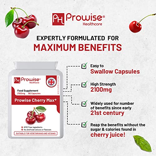 Cherry Max + 2100 mg de cereza Montmorency agregada con cereza negra I 90 cápsulas veganas de alta resistencia que fabrica en el Reino Unido por Prowise Healthcare