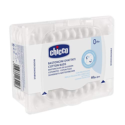 Chicco 00010440000000 - Bastoncillos de algodón con sistema de protección timpánico, suaves y flexibles, ideal bebés niños y adultos, 60 unidades de bastoncillos, color blanco, unisex