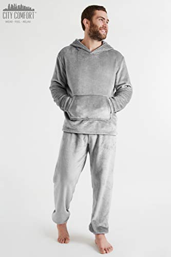 CityComfort Pijamas Hombre, Pijamas Hombre Invierno Suaves, Pijamas Hombre Forro Polar Sudadera con Capucha y Pantalon, Regalos para Hombres (Gris Claro, L)