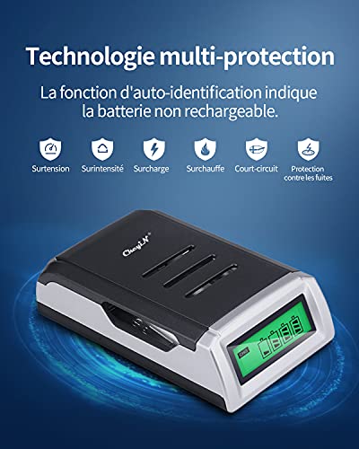 CkeyiN Universal Cargador ，Universal Cargador Rápido ，con 4 Ranura Independiente ，para Pila Recargable AA, AAA,Ni-MH,Ni-Cd Clase de eficiencia energética A++ /Negro