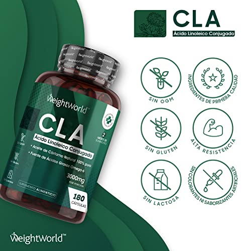 CLA Ácido Linoleico Conjugado 3000 mg 180 Cápsulas - Perlas de Ácido linoleico de Aceite de Cártamo Puro y Natural, Potente Fuente de Ácidos Grasos Omega 6, Suplemento Dietético, Sin Aditivos