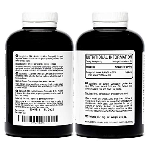 CLA Ácido Linoleico Conjugado 3000 mg por dosis | 180 perlas de Aceite Vegetal de Cártamo (Suministro para 2 meses) | Para Perder peso, Aumentar la musculatura, Quemar grasa y Adelgazar.