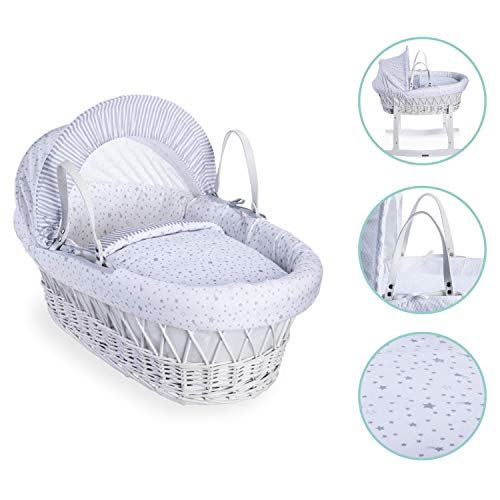 Clair de Lune estrellas y rayas color blanco mimbre Moisés Basket inc. ropa de cama, colchón y capucha ajustable (gris)