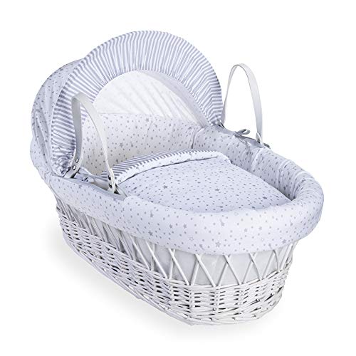 Clair de Lune estrellas y rayas color blanco mimbre Moisés Basket inc. ropa de cama, colchón y capucha ajustable (gris)