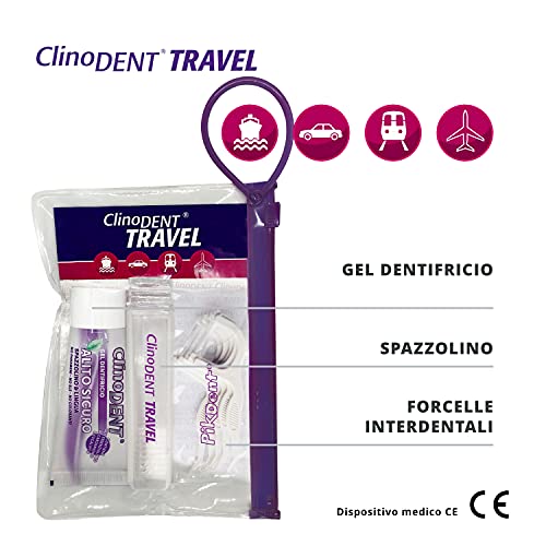 Clinodent Travel - Kit de higiene bucal de bolsillo: bolsa, cepillo plegable, gel dentífrico aliento seguro sin necesidad de enjuague, horquillas interdentales