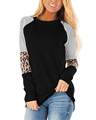 CNFIO Camisetas Mujer Manga Corta Leopardo Raya Cuello Redondo Blusas para Mujer Suelta Tops Mujer Fiesta