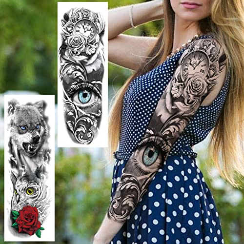 COKTAK 11 Hojas Full Brazo Completo Tatuajes Temporales Adultos Mujer Manga Cuerpo Guerrero Grandes Falso Tatuaje Temporal Pegatinas Negro Tribales Lobo León Tigre Tótem Tatuaje Hombre Pierna Animales