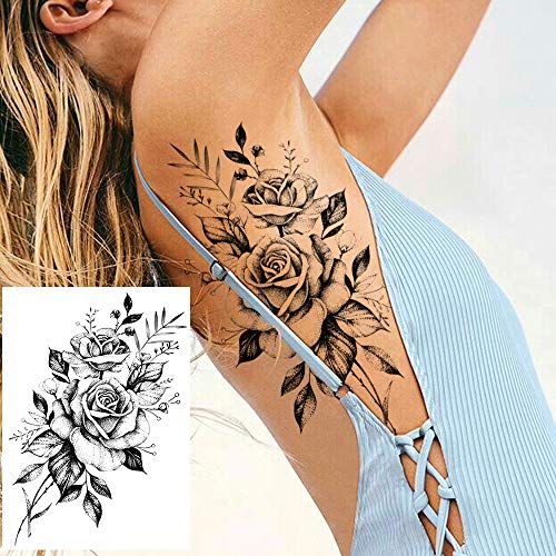 COKTAK 6 Hojas Tatuajes Temporales Realistas de la Gran Flor Rosa Negra Cuerpo de Mujer Piernas Brazo Arte Pegatinas Tatuaje Geométrico Gran Peonía Falso Adultos Bosquejo Chica Sexy Lirio de Durazno