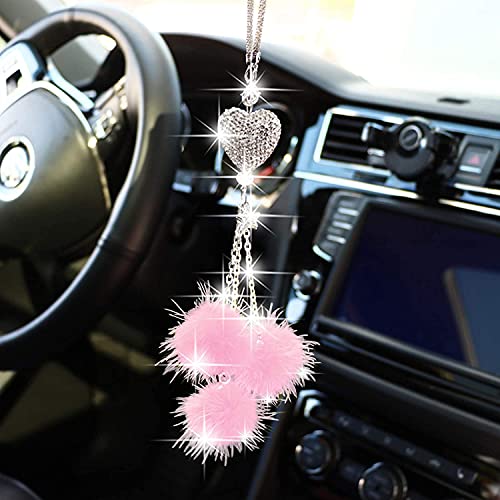 Colgantes de Coche Adorno de Espejo Retrovisor, BKJJ Colgante de Cristal, Accesorios Relucientes para el Automóvil, Hermosos Colgantes de la Suerte, Cristales y Pelo de Visón (Rosa)