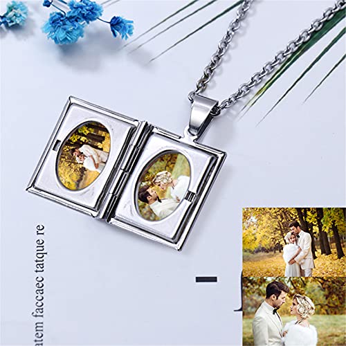 Collar con medallón de libro personalizado para mujeres Fotos Collar con 2 imágenes para Navidad Cualquier nombre(plata 24)