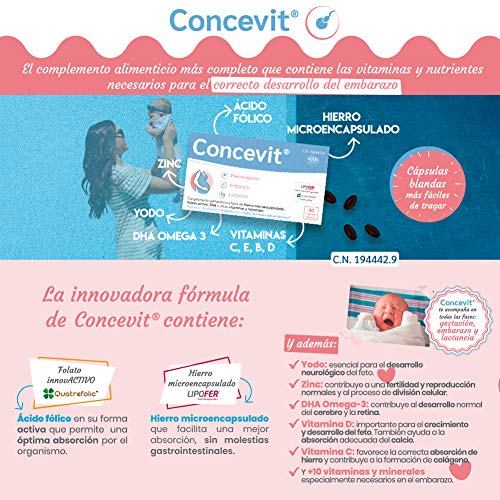 Concevit con Hierro, Folato activo, vitaminas y minerales. 40 Cápsulas blandas