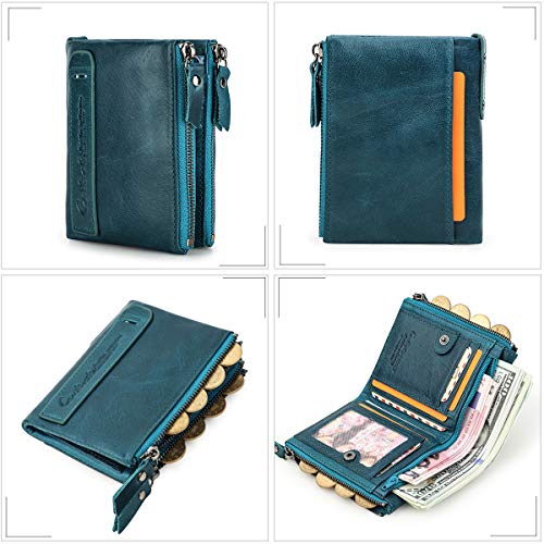 Contacts Cartera doble Bifold doble del monedero del bolsillo de la moneda de la cremallera del cuero genuino de los hombres (Blue)