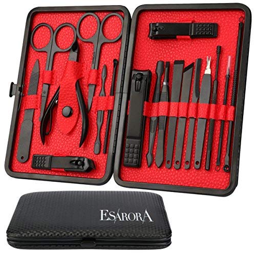 COOLAPA Manicure Set, 18 In 1 Stainless Steel Professional Pedicure Kit Nail Scissors Grooming Kit with Black Leather Travel Case (18 in 1 Red)