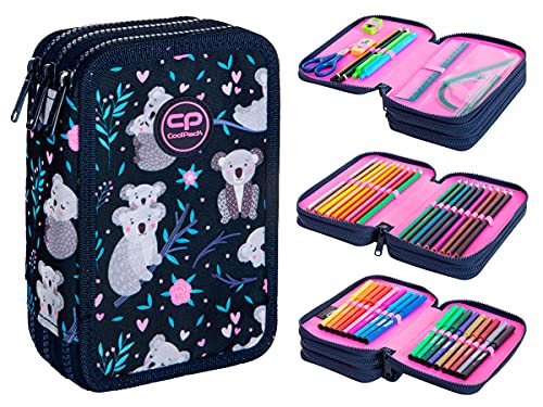 COOLPACK Estuche de 3 compartimentos, tamaño XXL, 44 piezas, con relleno, 19,5 x 12,5 x 6,5 cm, para niños y niñas (Koala)