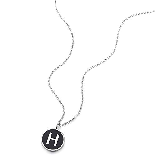 COOLSTEELANDBEYOND Plata Negro Nombre Inicial Letra del Alfabeto H Círculo Colgante, Collar de Mujer Hombre, Acero, 45cm Cadena Cuerda