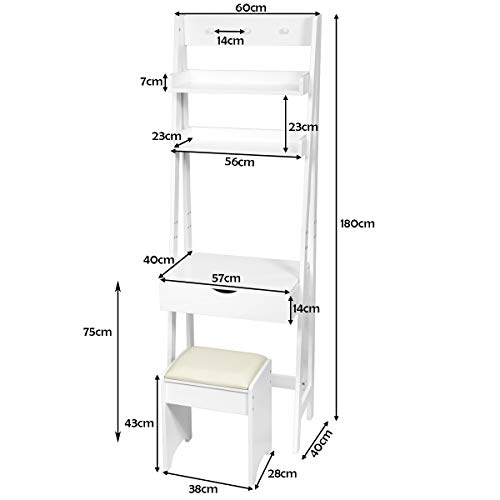 COSTWAY Tocador con Espejo Plegable Taburete y Estantes Mesa de Maquillaje Escritorio para Habitación Dormitorio Blanco