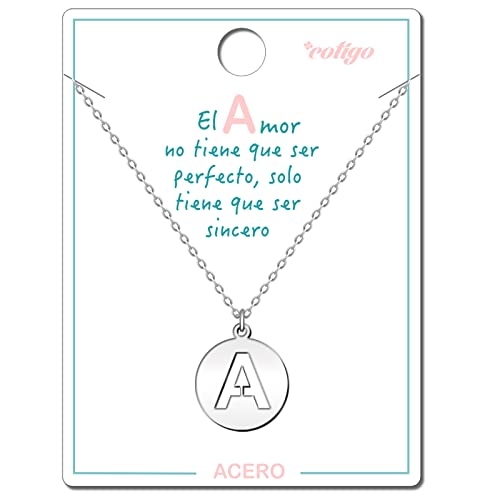 Cotigo - Collar Letra A acero inoxidable - Colgante letra inicial A-Z - Collar mujer – Cadena con dije letras - Regalo personalizado para mujer, niña, mejor amiga (A-Plateado)