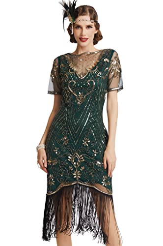 Coucoland Vestido de mujer de los años 20, manga corta y cuello redondo, vestido flapper, vestido de lentejuelas de los años 20, Great Gatsby, cóctel, fiesta, disfraz de mujer, Verde y dorado., L