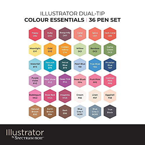 Crafter's Companion Spectrum Noir Illustrator - Juego de marcadores a base de alcohol (36 unidades, 36 unidades), diseño e ilustración (colores esenciales), madera, multicolor, talla única