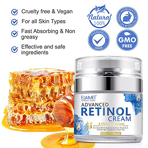 Crema De Retinol, Crema Facial De Día y Noche, Crema Antienvejecimiento, Crema Hidratante Con Retinol Para Rostro y Cuello, Crema Antiarrugas Activa Con 2,5 % De Retinol Para Mujeres y Hombres