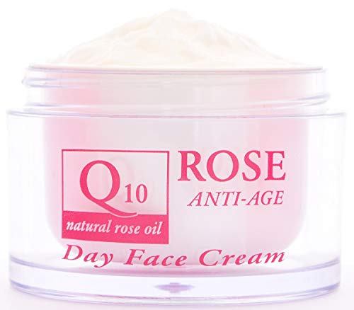 Crema facial de día antiarrugas con aceite de rosa, Q10 y vitamina E, Crema facial antiedad y nutritiva, Sin parabenos ni conservantes 50 ml