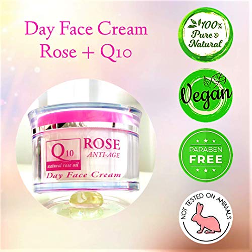 Crema facial de día antiarrugas con aceite de rosa, Q10 y vitamina E, Crema facial antiedad y nutritiva, Sin parabenos ni conservantes 50 ml