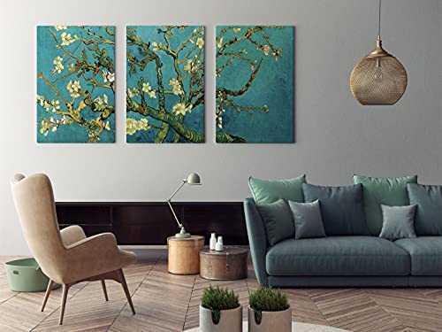 Cuadros Almendro en Flor de Vincent van Gogh - 3 Piezas de 40 x 60 cm (120 x 60 cm) - Decoración Moderna para Salón y Dormitorio, Lienzo de Poliéster y Bastidor de Madera, Multicolor, LEN-140