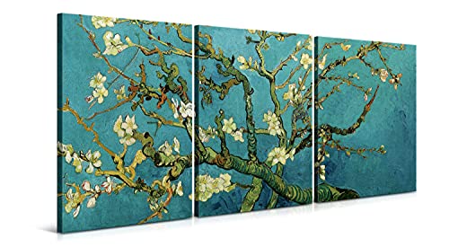 Cuadros Almendro en Flor de Vincent van Gogh - 3 Piezas de 40 x 60 cm (120 x 60 cm) - Decoración Moderna para Salón y Dormitorio, Lienzo de Poliéster y Bastidor de Madera, Multicolor, LEN-140
