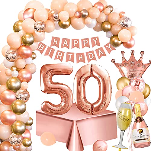 Cumpleaños Decoraciones Mujeres 50 Años, Decoración Fiesta Oro Rosa con 50 Globos Nymber, Pancarta Feliz Cumpleaños, Mantel Oro Rosa, Oro Rosa Globos para Decoraciones Fiesta Cumpleaños 50 Mujeres