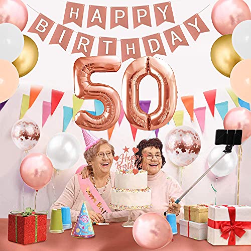 Cumpleaños Decoraciones Mujeres 50 Años, Decoración Fiesta Oro Rosa con 50 Globos Nymber, Pancarta Feliz Cumpleaños, Mantel Oro Rosa, Oro Rosa Globos para Decoraciones Fiesta Cumpleaños 50 Mujeres