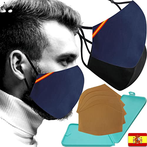 Cussi Mascarillas de Tela Colores Reutilizable Lavable, Pack de 2 Mascarillas Azul Bandera y Negro 100% Algodón Higiénica Homologada Certificada BFE 99% Filtros Extra 1x Estuche para Mascarilla