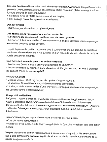 cystiphane bailleul- Cistina B6 – Zinc – Arginine – Cabello y Uñas – Salud – fuerza y Vitalité protege del stress oxydatif – Complemento alimenticio para cabello y las uñas fragilisés –  – Juego de 2 cajas de 120 pastillas + Champú (