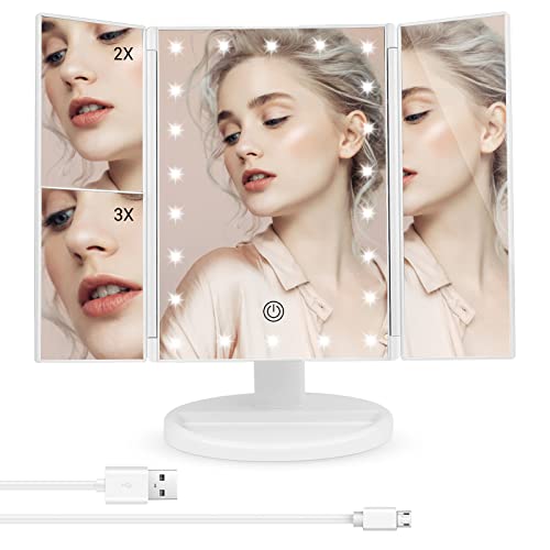 Czemo Espejo Maquillaje con Luz,Espejo Tríptica Cosmético con Aumento 3X,2X,Pantalla Táctil Espejo con Luz 22 Led,USB o Alimentado por Batería,Espejo para Maquillarse con Rotación de 180°(Blanca)