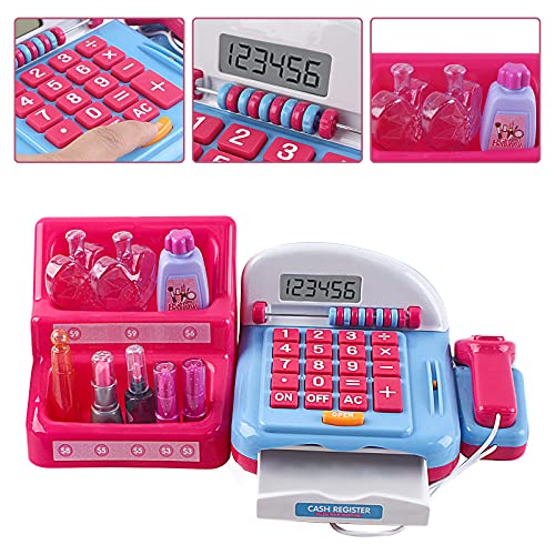 deAO Salon de Belleza Caja Registradora Electrónica de Juguete con Ábaco, Calculadora, Escáner, Lector de Tarjetas, Conjunto de Accesorios y Maquillaje de Juguete