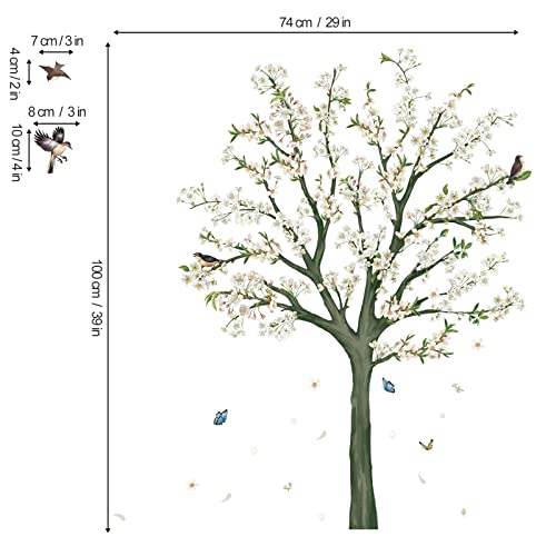 decalmile Pegatinas de Pared Árbol de Flores Blanco Vinilos Decorativos Albaricoque Aves en Rama Adhesivos Pared Dormitorio Salón Oficinas