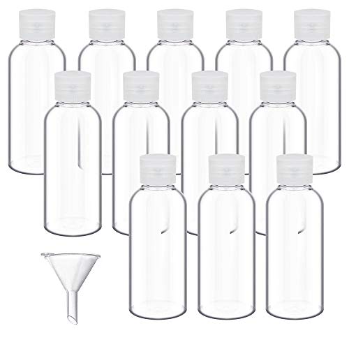 DECARETA 12 PCS Botellas de Viaje(50 ML) +1 Mini Embudos,Botellas Cosméticas-Anti-Fugas Portátiles y Reutilizables para Champú/Crema/Gel,Botes Transparentes Adecuadas a Viajes de Negocios,Campamentos