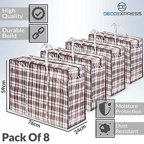 DECO EXPRESS Paquete de 8 Bolsas de Compras XX-Large Strong Storage Laundry - Bolsas XXL con Cremallera y Asas a Cuadros - Bolsa Reutilizable con Cierre de Cremallera (Surtido)