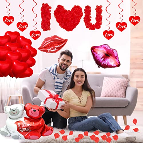 Decoración romántica para el día de San Valentín,1000 pétalos de Rosa roja Globos Rojos Globos de Labios Grandes Globo de Oso de Amor para el día de San Valentín Decoración de Aniversario de Boda