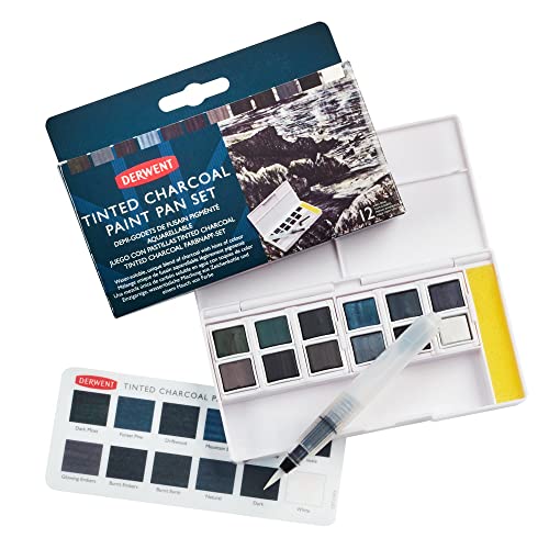 Derwent Bandeja de Pinturas de Carboncillo Tintado, 12 Colores, Calidad Profesional, Solubles en Agua, Mezclable, Portátil, Incluye Paletas, Mini Pincel y Esponja para Limpiar, 2305872