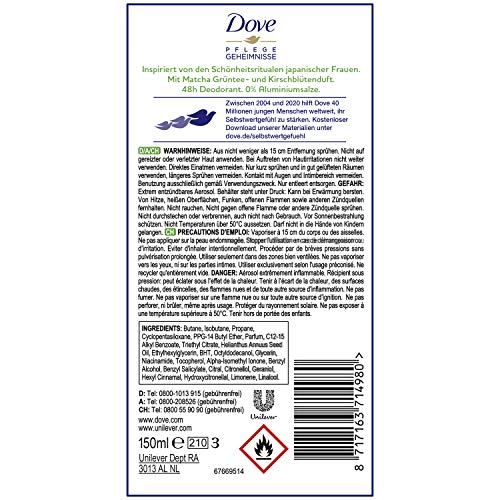 Desodorante Dove en spray para el cuidado de los rituales rituales y el té verde y el aroma de flores de cerezo 0%, 6 unidades (150 ml).