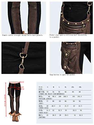 Devil Fashion Steampunk Pantalones de mujer con un bolsillo de cuero Gothic Pencil Pants Vintage Stitching Leggings (XL, Negro y marrón)