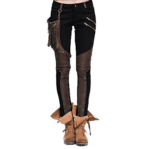 Devil Fashion Steampunk Pantalones de mujer con un bolsillo de cuero Gothic Pencil Pants Vintage Stitching Leggings (XL, Negro y marrón)