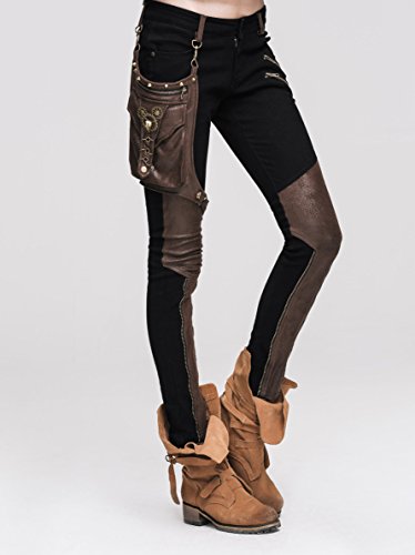 Devil Fashion Steampunk Pantalones de mujer con un bolsillo de cuero Gothic Pencil Pants Vintage Stitching Leggings (XL, Negro y marrón)