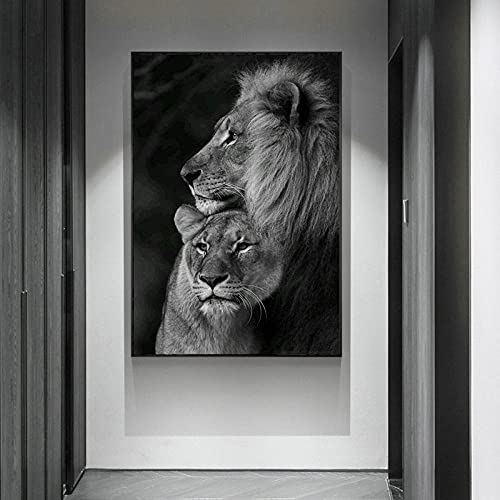 DFRES Pinturas de Lienzo de león en Blanco y Negro, póster Realista de Animales, impresión de León, Parejas, Cuadro de Arte de Pared, decoración Mural Moderna para el hogar, Mural 40x60cm