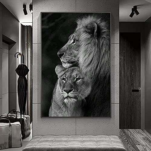 DFRES Pinturas de Lienzo de león en Blanco y Negro, póster Realista de Animales, impresión de León, Parejas, Cuadro de Arte de Pared, decoración Mural Moderna para el hogar, Mural 40x60cm