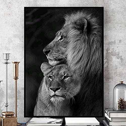 DFRES Pinturas de Lienzo de león en Blanco y Negro, póster Realista de Animales, impresión de León, Parejas, Cuadro de Arte de Pared, decoración Mural Moderna para el hogar, Mural 40x60cm