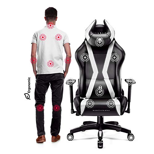 Diablo X-Horn Silla Gaming Oficina Gamer Apoyabrazos 3D Cojín Ajustable Diseño Ergonómico Cuero Sintético Función de Inclinación Negro-Blanco King (XL)