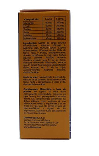 Dietmed NERVOLISE 60 C. Manzanilla, lúpulo, pasiflora, salvia, valeriana, bola de nieve. Tranquilizante, relajante, anti estrés, sueño reparador, contra la ansiedad, mejora ánimo combate el estrés