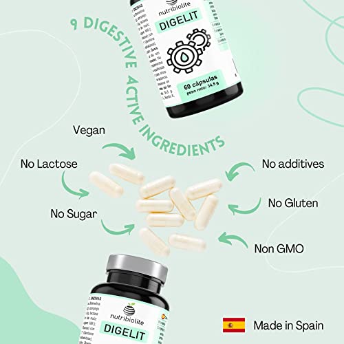 DIGELIT - Complejo de enzimas digestivas potentes y extractos de plantas. Bromelina, DigeZyme y extractos de Hinojo, Jengibre y Genciana. Para mejorar la digestión y el tránsito intestinal. Vegano.